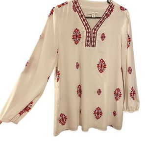 Coldwater Creek White Red Orange Damask Embroidered Long Sleeve Tunic Blouse